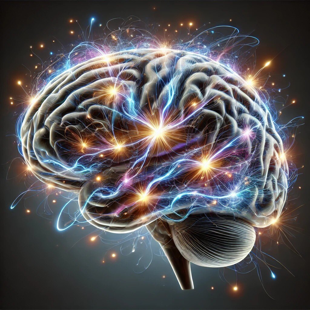 DALL·E 2024-08-13 20.30.00 - A highly detailed and realistic image of a human brain in a neutral, dark background. The brain is depicted with bright, electric impulses moving alon-1